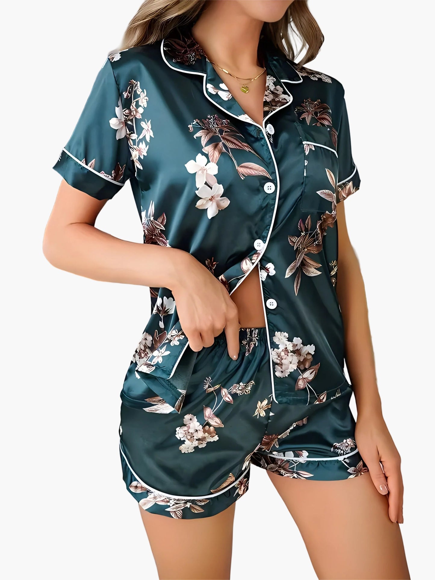 Pyjama court femme style élégant à fleurs – Ensemble chemise et short pour nuit et détente