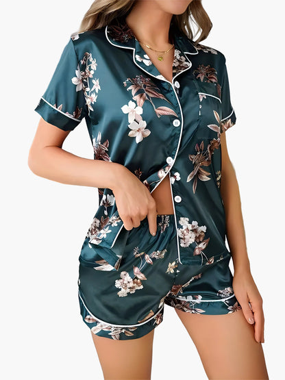 Pyjama court femme style élégant à fleurs – Ensemble chemise et short pour nuit et détente