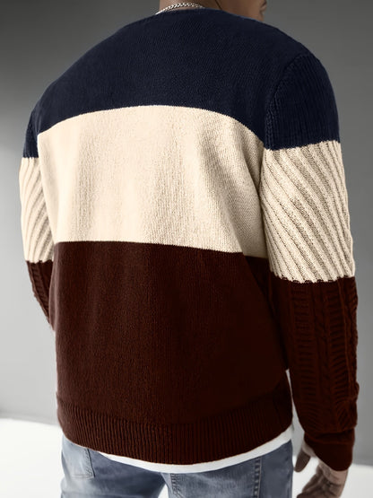 Pull homme tricoté à rayures color block bleu marine, beige et marron