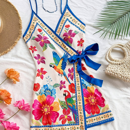 Abito portefeuille tropicale donna stile vacanze con stampa floreale e pappagallo