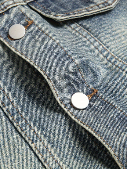 Veste sans manches en denim délavé bleu pour homme avec boutons et poches
