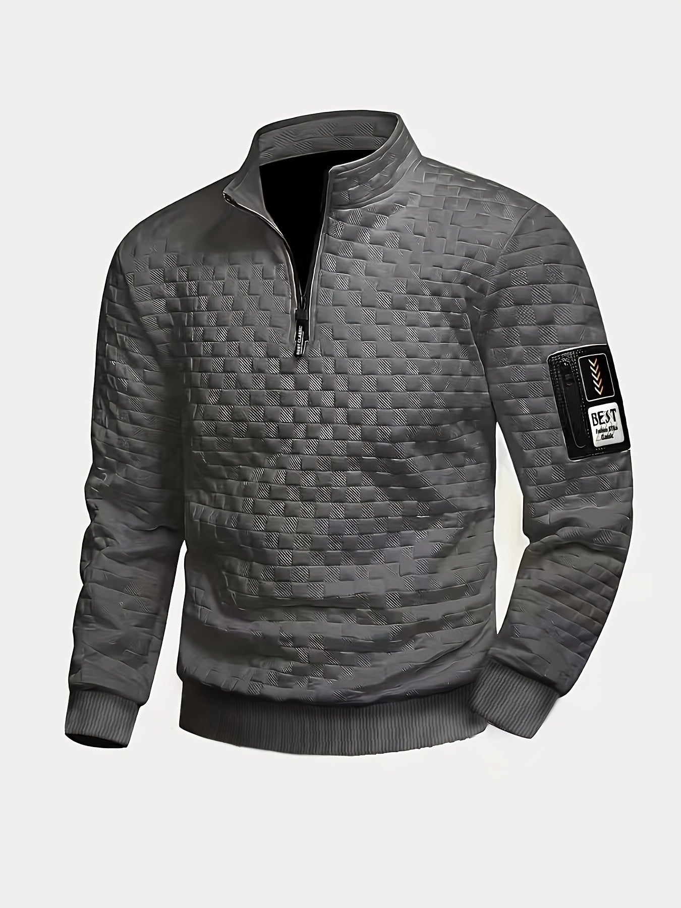 Pull homme matelassé motif géométrique avec col montant zippé et patch manche