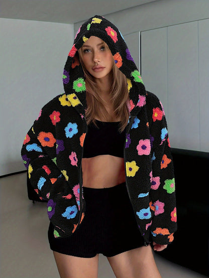 Veste à capuche douce motif fleurs colorées pour femme
