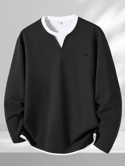Pull Homme Maille Gaufre Bicolore Col V Manches Longues Gris