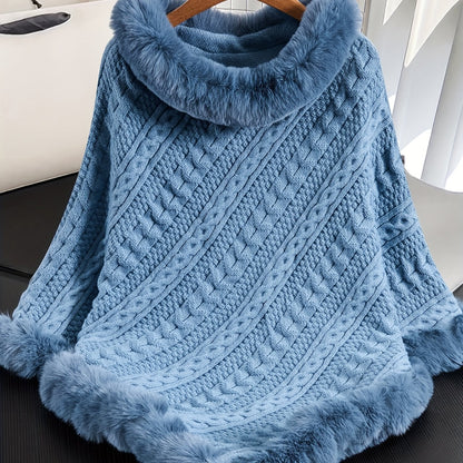 Poncho Femme Tricoté Bleu Marine avec Col et Bordure en Fourrure Synthétique