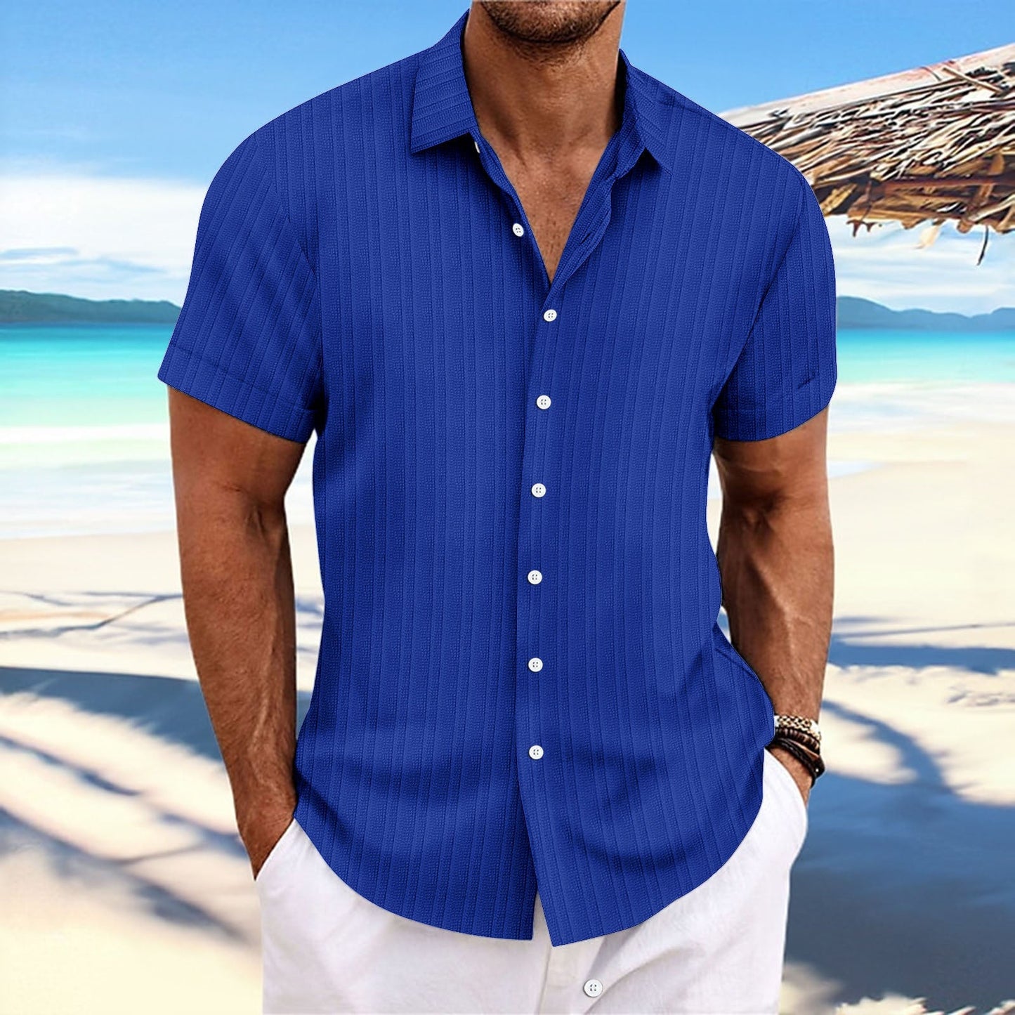 Chemise décontractée à rayures pour homme – Style estival chic, idéale pour la plage ou la ville