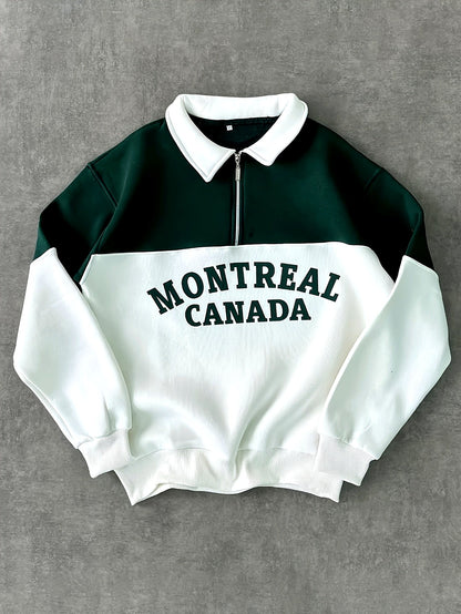 Sweatshirt Polo Bicolore Homme avec Fermeture Éclair Courte et Inscription "MONTREAL CANADA"