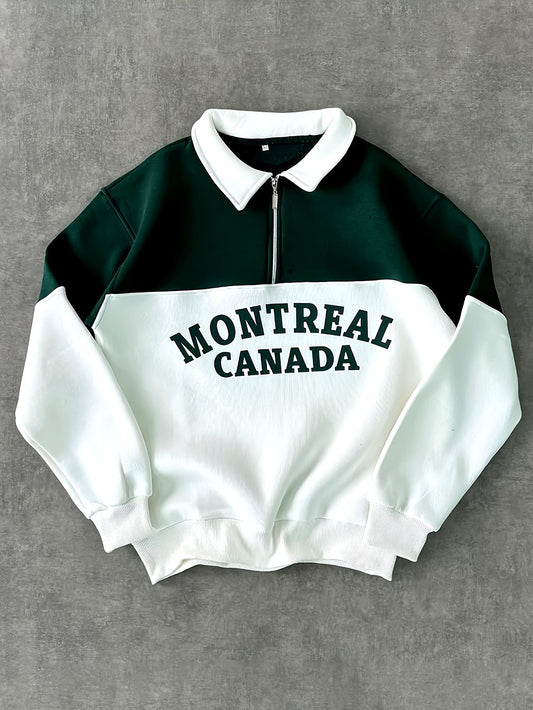 Sweatshirt Polo Bicolore Homme avec Fermeture Éclair Courte et Inscription "MONTREAL CANADA"