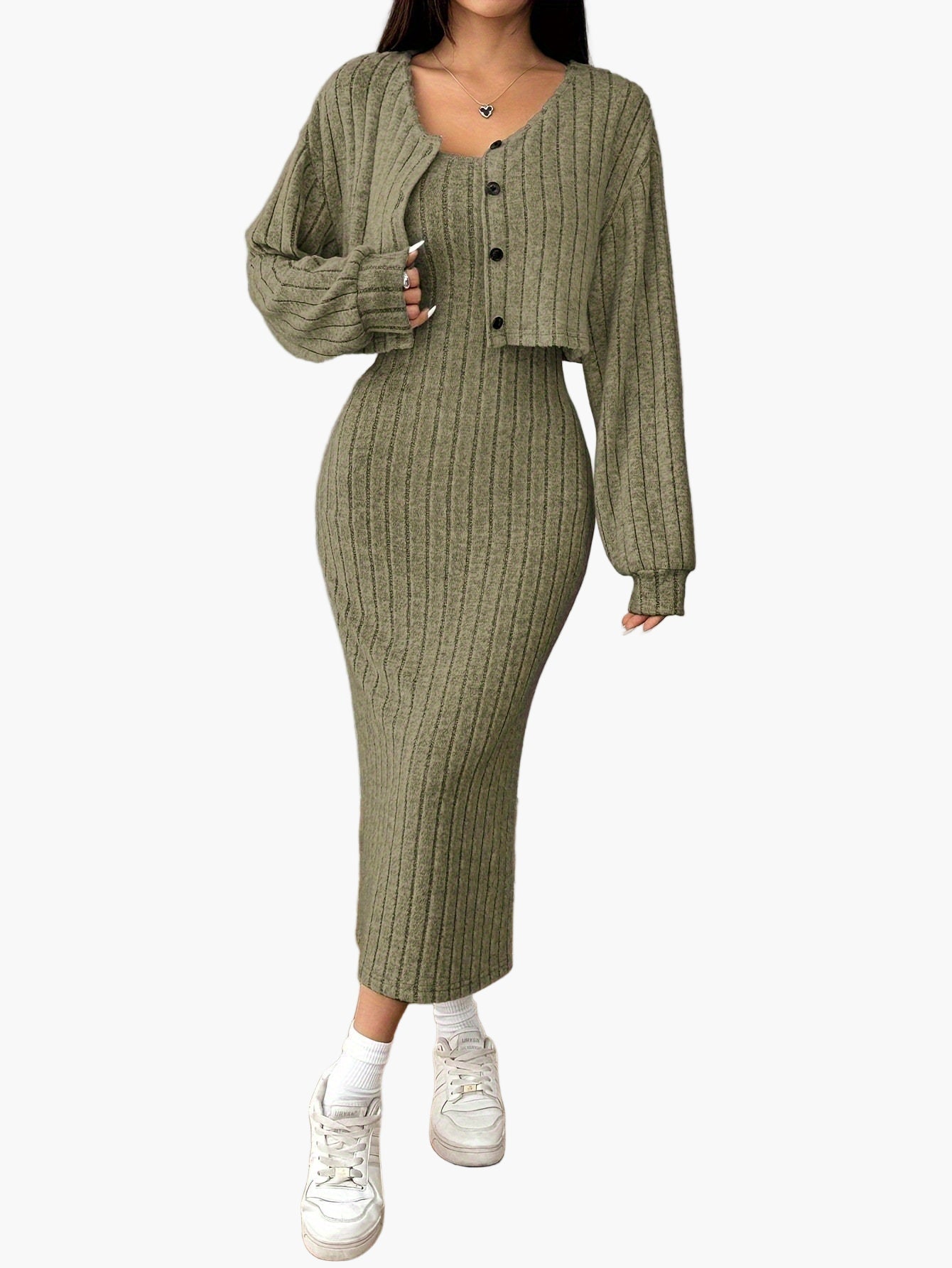 Completo Donna Elegante Due Pezzi Maglione con Bottoni e Gonna Lunga Stile Casual Primavera Autunno