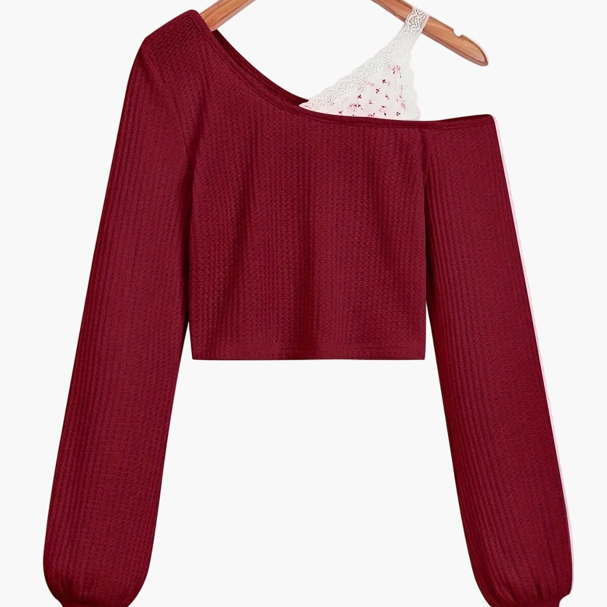 Pull court femme style asymétrique à épaule dénudée avec détail dentelle – Mode décontractée tendance