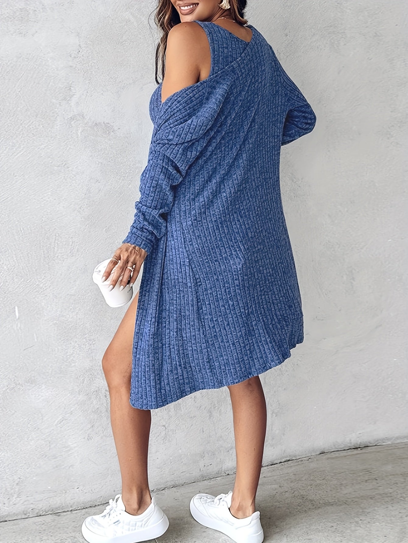 Ensemble cardigan long et robe courte côtelés pour femme, débardeur boutonnage