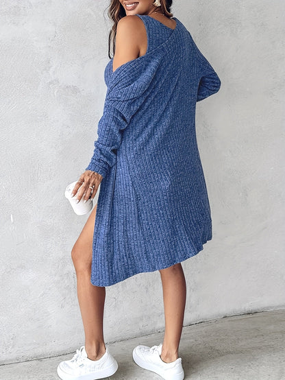Ensemble cardigan long et robe courte côtelés pour femme, débardeur boutonnage