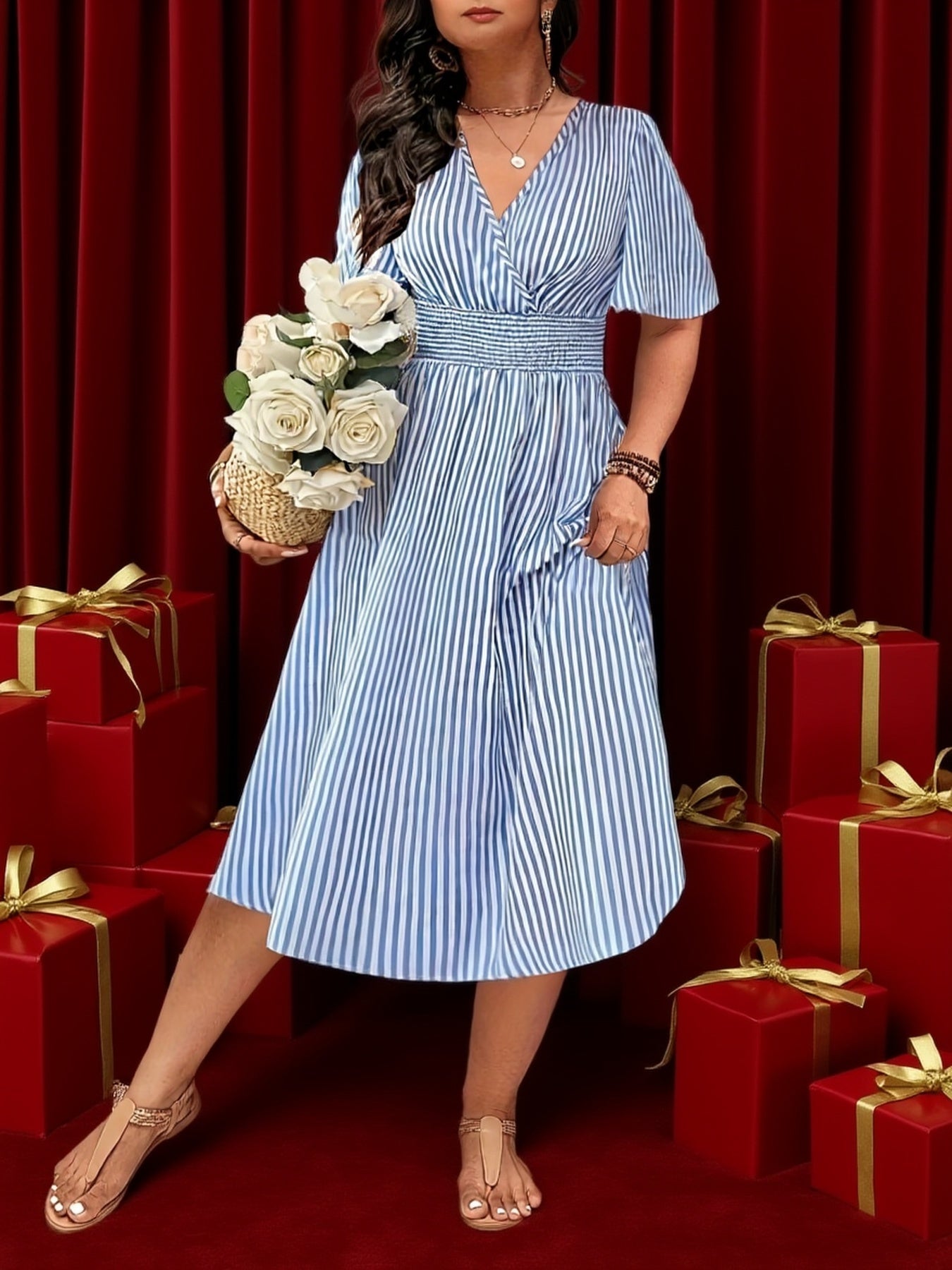 Robe élégante à rayures pour femme, style croisé et taille smockée, idéale pour les occasions spéciales