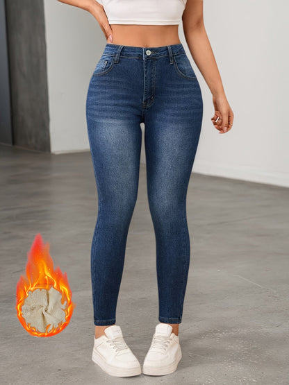 Jean Slim Femme Bleu avec Doublure Chaude Beige