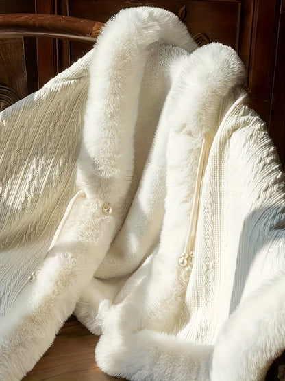 Manteau Femme court blanc avec bordures imitation fourrure douces et fermeture à brandebourg