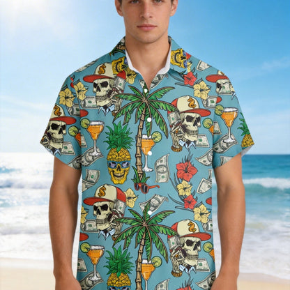 Hawaiihemd für Herren mit tropischem Motiv, Totenkopf und Dollarzeichen – lässiger Sommer-, Strand- und Urlaubsstil  