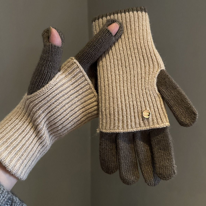 Gants tricotés bicolores convertibles avec mitaines rabattables pour femme