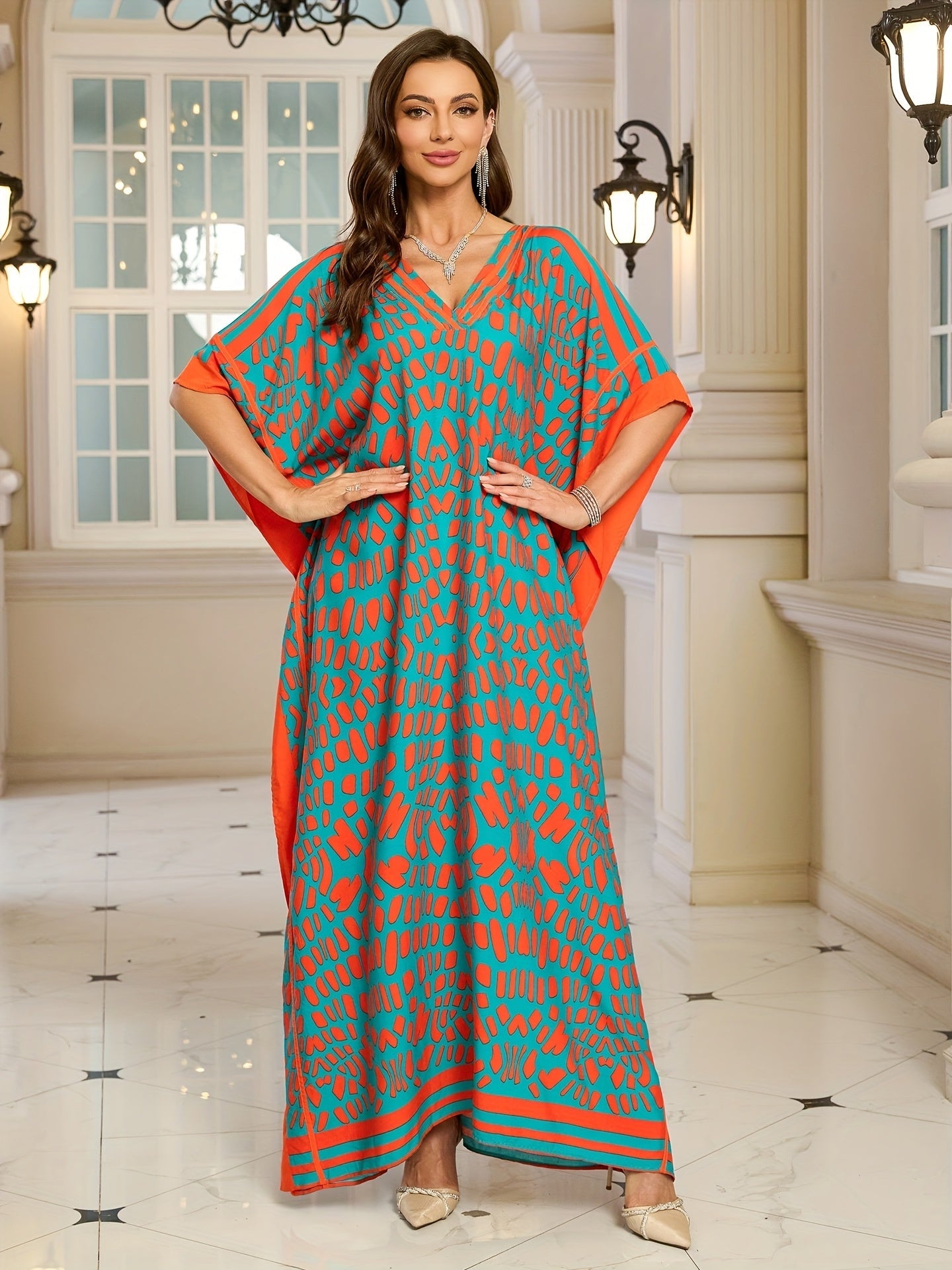 Robe longue bohème femme à imprimé graphique, col V, style décontracté chic