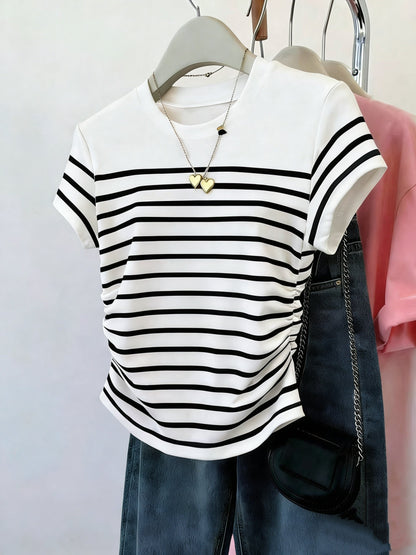 T-shirt pour femme style décontracté à rayures et fronces, manches courtes, col rond, tendance été