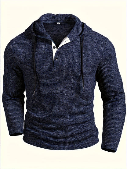 Pull à Capuche Homme en Maille Texturée Bleu Marine Style Henley