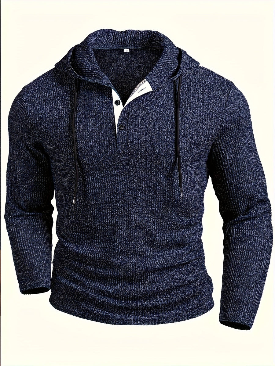 Men's Navy Blue Textured-Knit Henley-Style Hooded Sweater