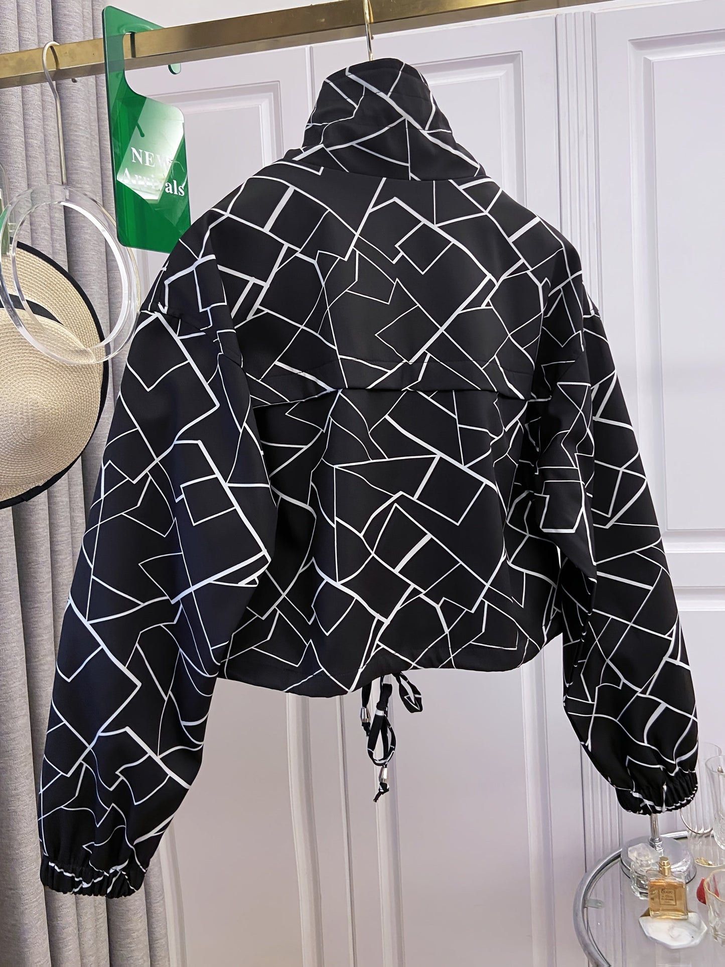 Veste courte à motif floral et abstrait pour femme avec col montant et cordon de serrage