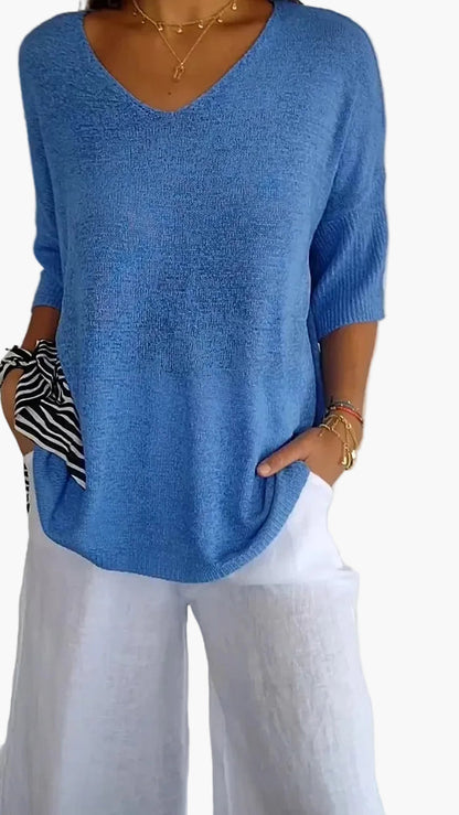 Maglione Donna Informale Scollo a V Maniche Mezza Lunghezza Stile Elegante e Comodo per Tutti i Giorni