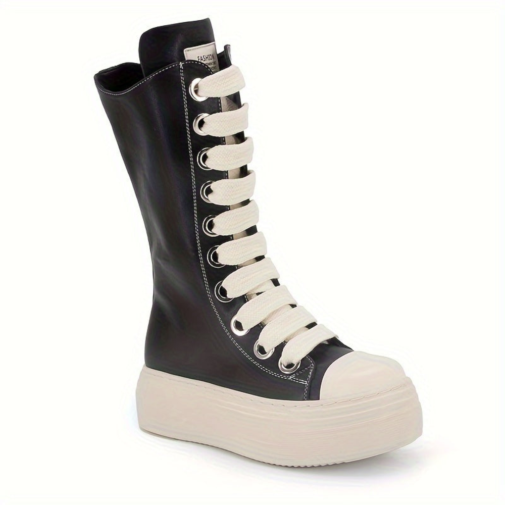 Bottes montantes noires à lacets blancs, style basket, semelle plateforme