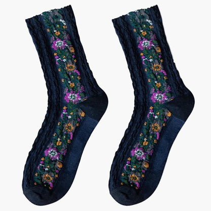 Chaussettes Femme Style Vintage à Motifs Floraux Brodés, Élégantes et Confortables pour le Quotidien