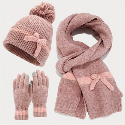 Ensemble Bonnet Écharpe Gants Tricoté Hiver avec Nœud Décoratif et Pompon pour Femme