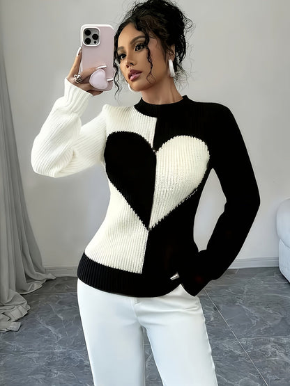 Pull femme bicolore côtelé à motif cœur, col montant, manches longues
