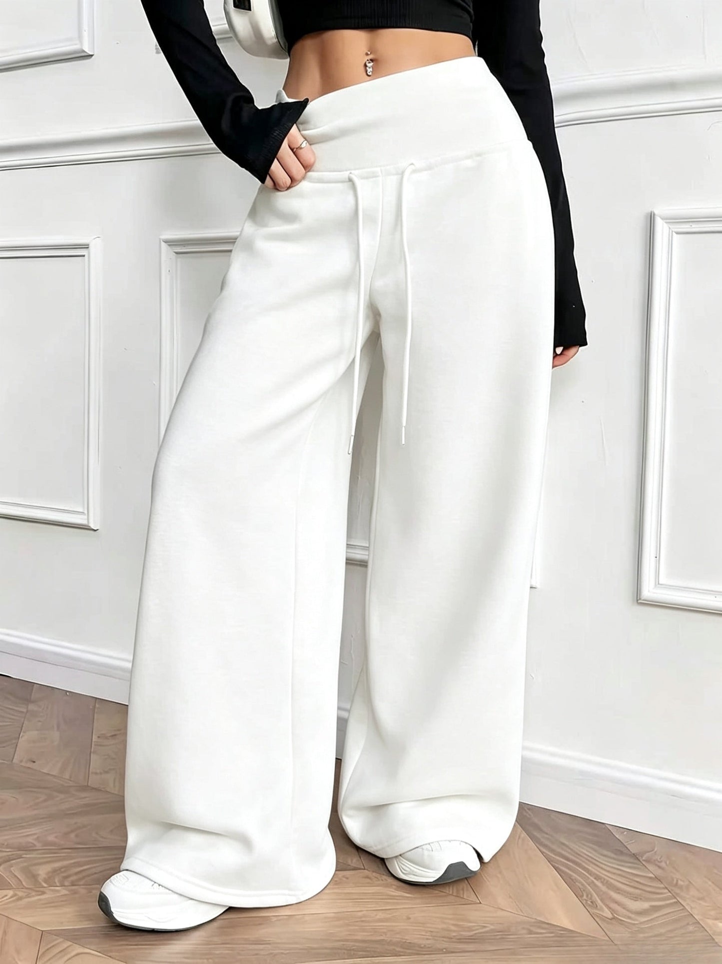 Pantalon large fluide taille haute avec cordon de serrage Femme