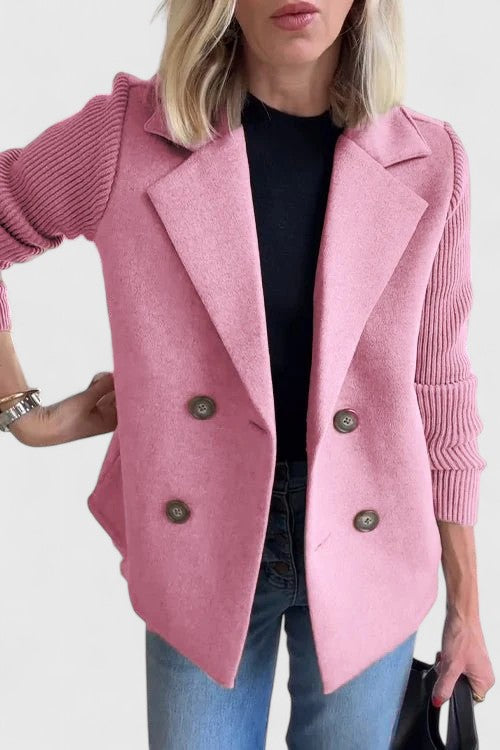 Women's straight-cut two-tone jacket with notched collar and knitted sleeves
