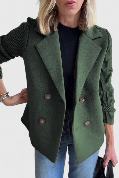 Women's straight-cut two-tone jacket with notched collar and knitted sleeves