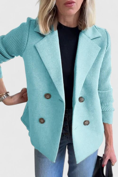 Women's straight-cut two-tone jacket with notched collar and knitted sleeves