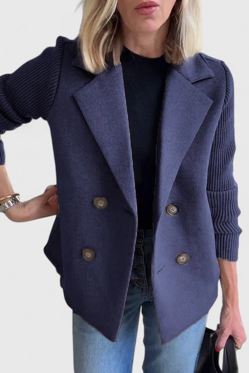 Women's straight-cut two-tone jacket with notched collar and knitted sleeves