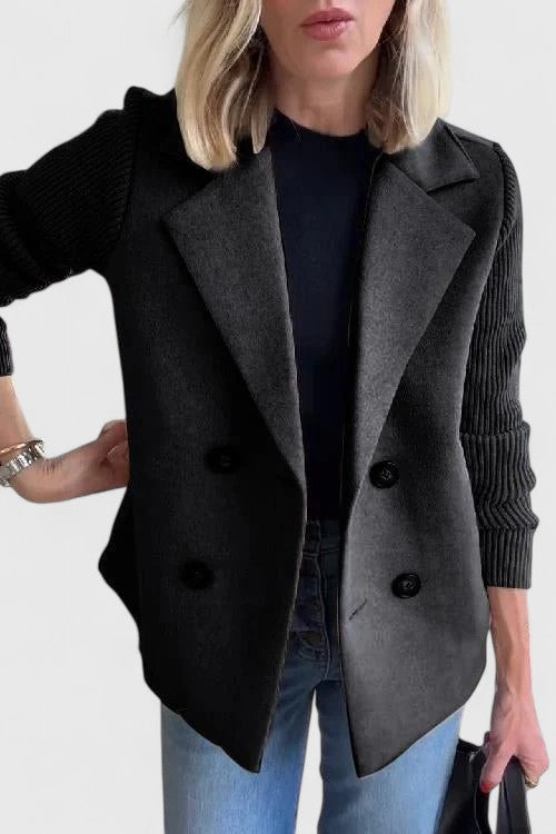 Women's straight-cut two-tone jacket with notched collar and knitted sleeves