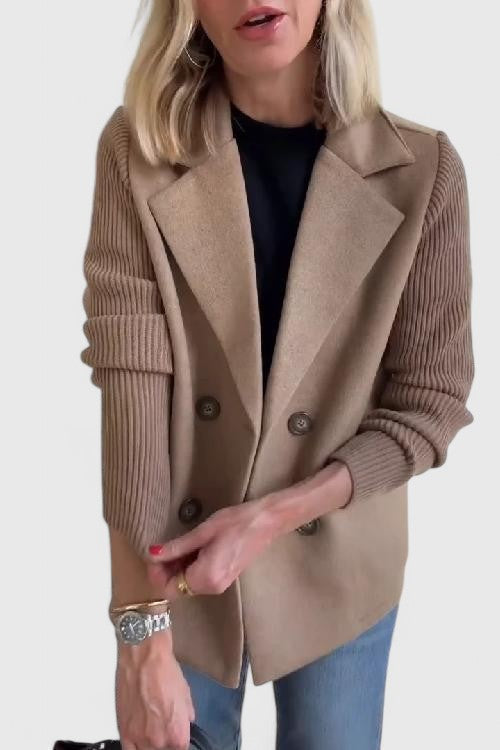 Women's straight-cut two-tone jacket with notched collar and knitted sleeves