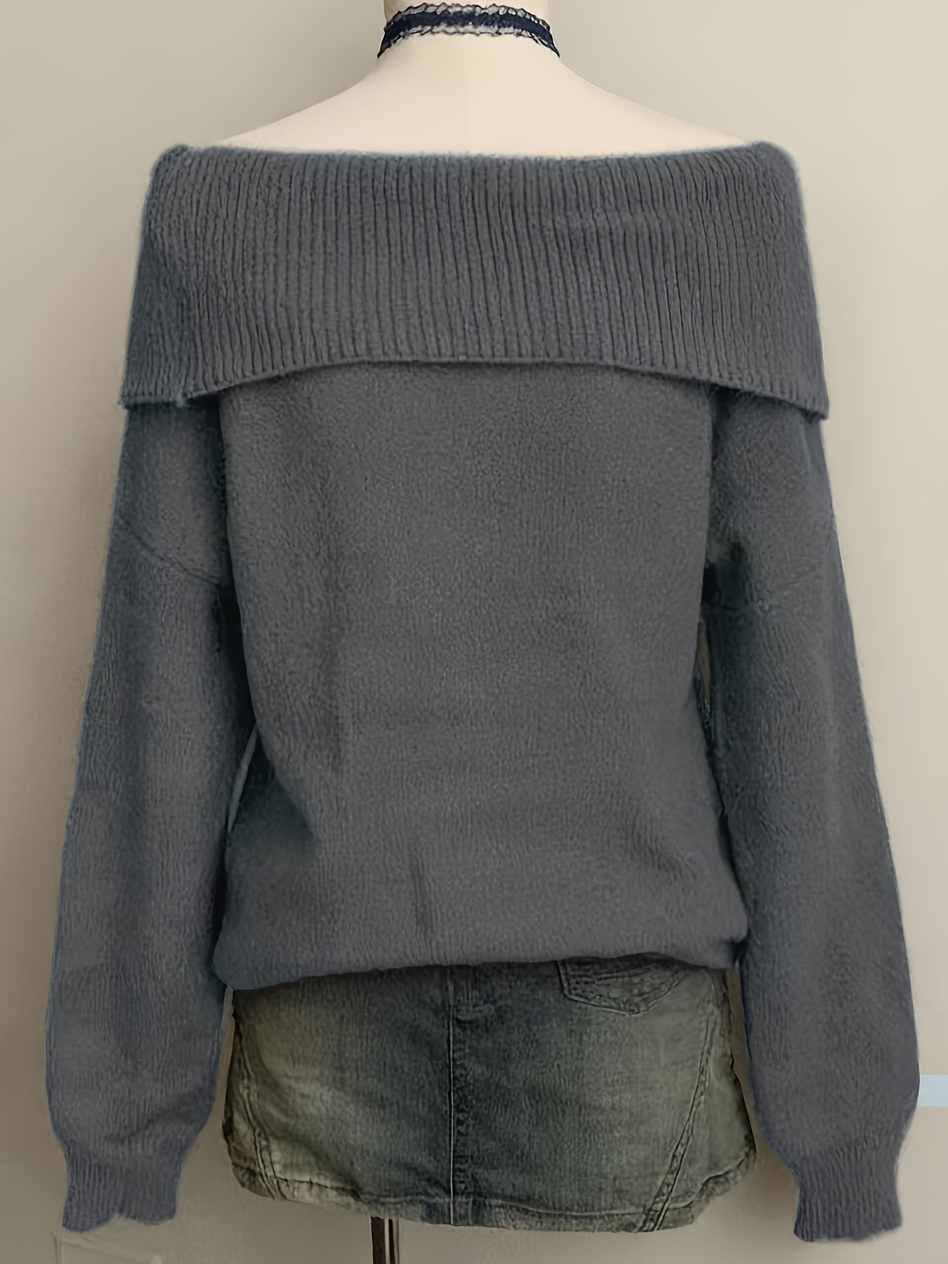 Pull Femme Épaules Dénudées Vert Kaki Tricot Doux Col Rabattu