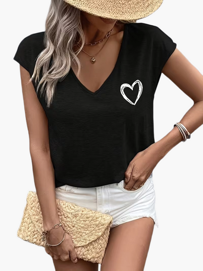 T-shirt Femme Décontracté à Col V Motif Cœur Style Estival