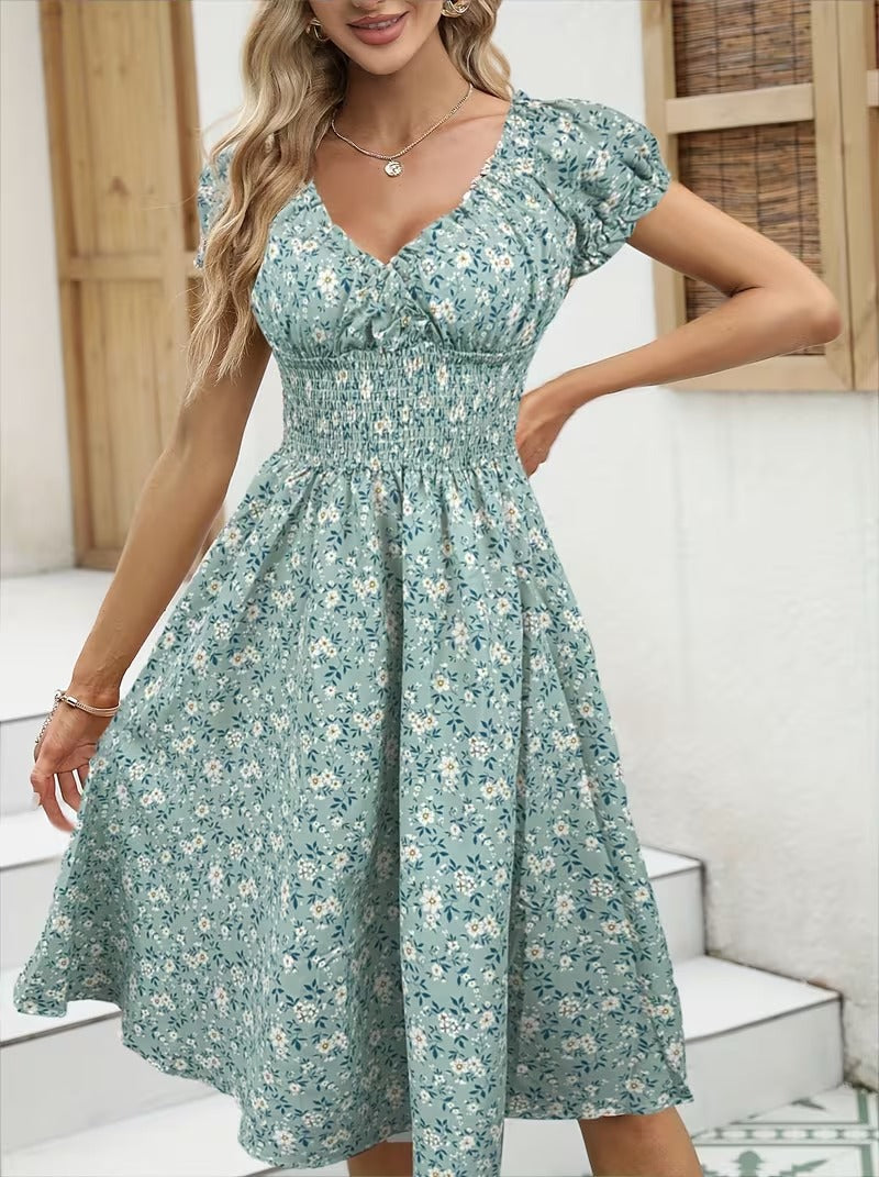 Vestido de verano elegante para mujer estilo bohemio con mangas cortas y estampado floral, para uso diario y salidas