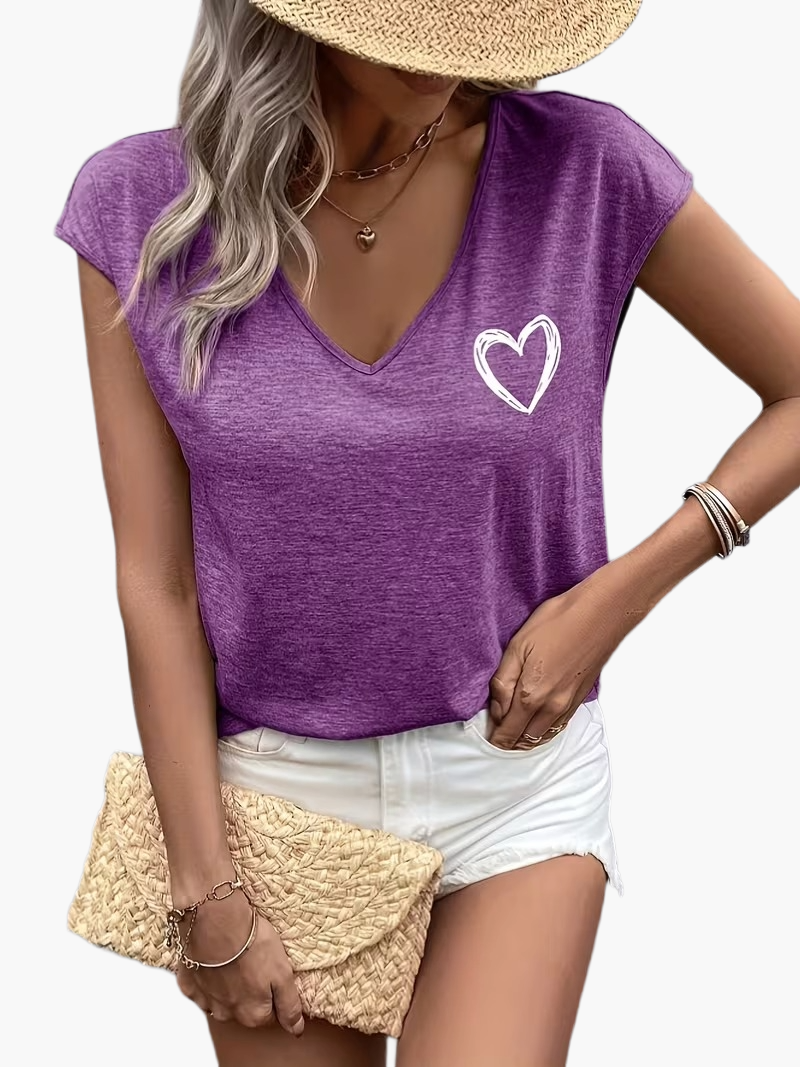 T-shirt Femme Décontracté à Col V Motif Cœur Style Estival