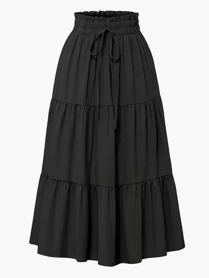 Gonna lunga donna elegante a vita alta con volant, stile primavera estate, ideale per tempo libero e uscite