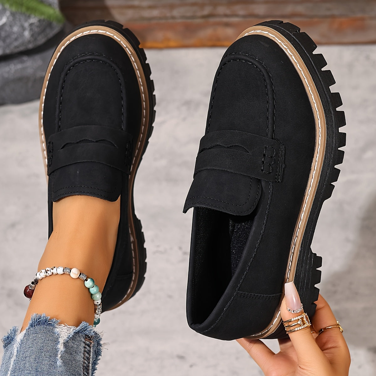 Afslappede damesko i penny loafer-stil med tyk sål