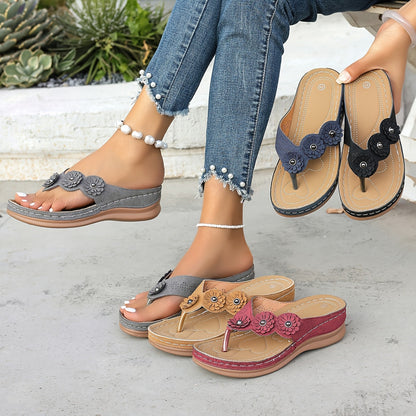Sandales décontractées pour femme à talon plat style tongs avec fleurs – Idéal pour l’été