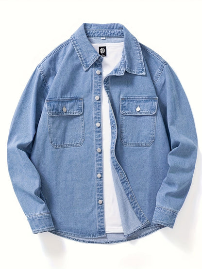 Surchemise Homme Décontractée en Jean à Manches Longues et Poches Poitrine