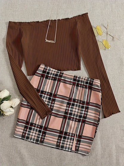 Conjunto de dos piezas para mujer estilo elegante falda a cuadros y top con hombros descubiertos para salidas primaverales y estivales