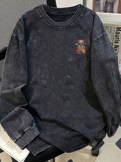 Sweat-shirt délavé noir imprimé motif ours streetwear