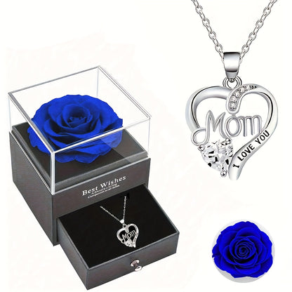 Collier Femme Pendentif Coeur 'Mom' avec Rose Éternelle – Cadeau Élégant pour la Fête des Mères