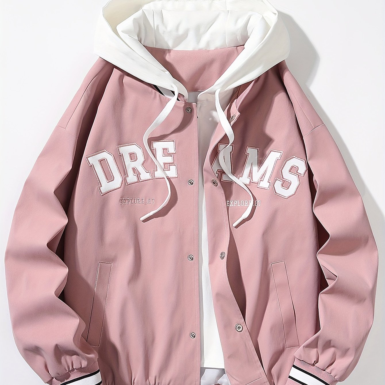 Veste universitaire bicolore blanche et marron pour homme avec capuche et inscription "DREAMS"
